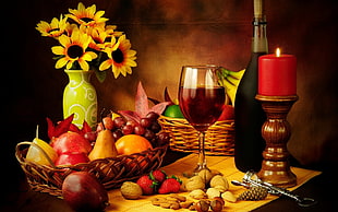 basket with fruit near candle holder and wine glass painting HD wallpaper